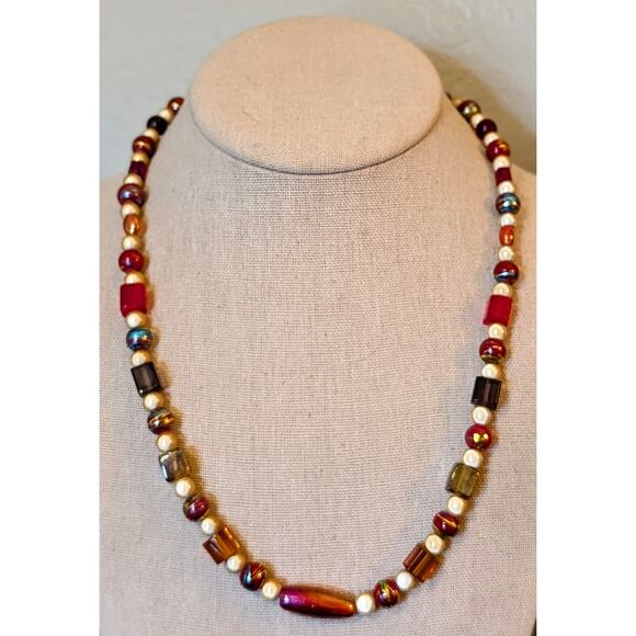 Vintage Metallic Drawbench, Square Lampwork, Art Glass 925 Clasp Bead Necklace - Picture 1 of 12